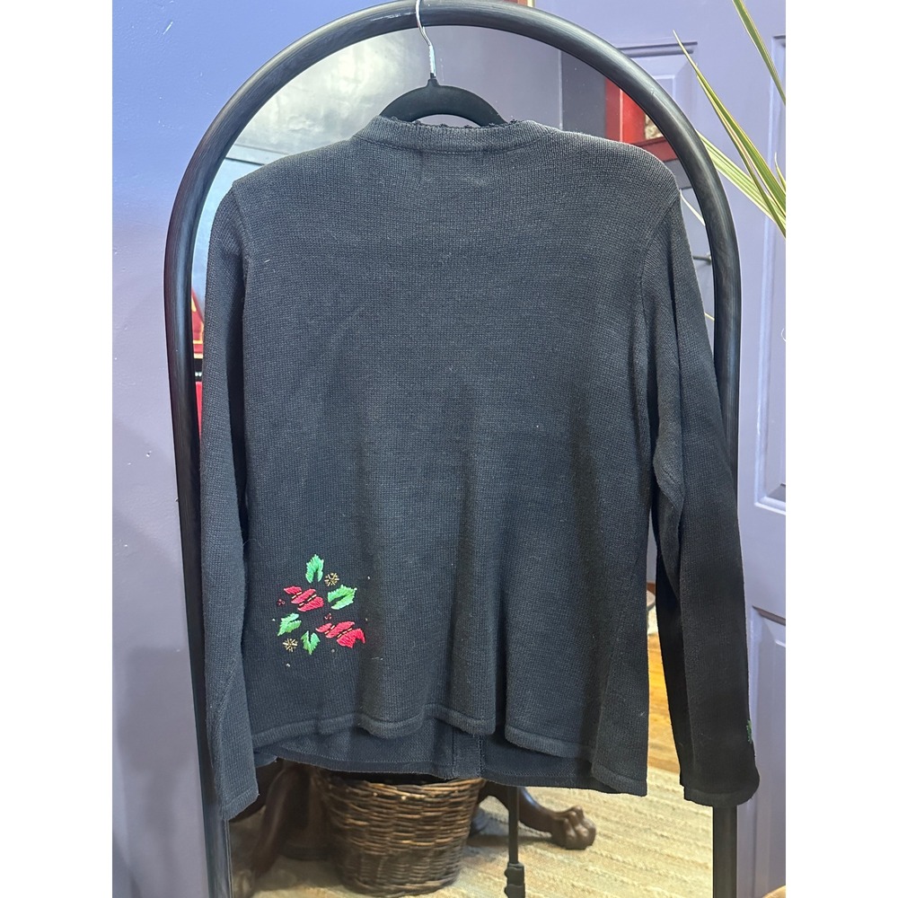 Cove Creek Black Christmas Cardigan Sweater Red Green‎ Bow Poinsettia Beaded M - Picture 2 of 4